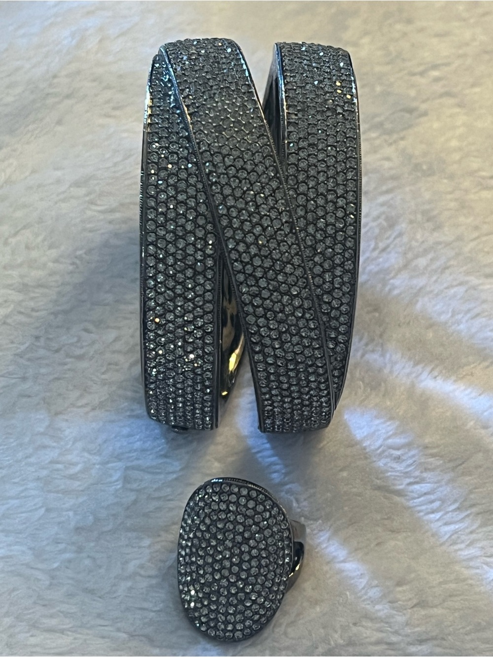 Nadri Black Crystal Wrap Bracelet and Ring Set. Gunmetal with Pave Rhinestones